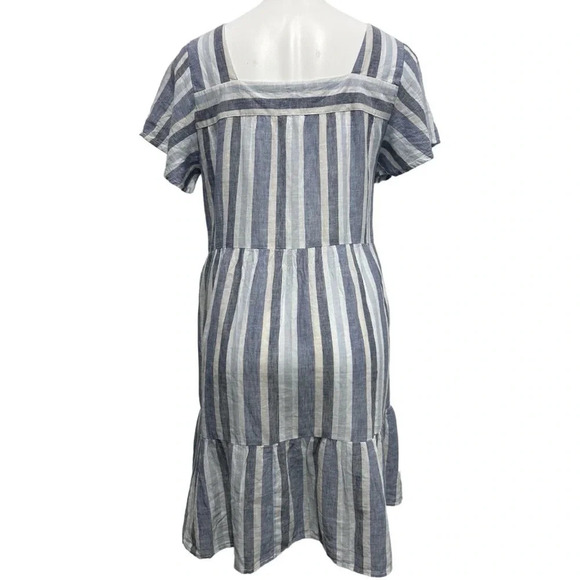 BeachLunchLounge Blue White Striped Linen Blend Tiered Short Sleeve Sundress - Picture 5 of 9